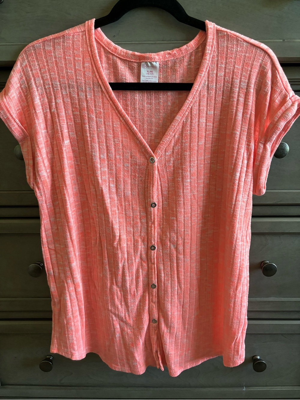 No Boundaries Coral Pink Ribbed V-Neck Top